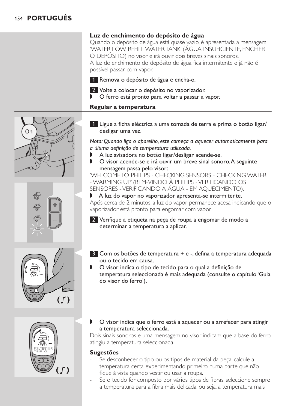 Luz de enchimento do depósito de água, Regular a temperatura, Sugestões | Philips Dampfbügelstation User Manual | Page 154 / 194