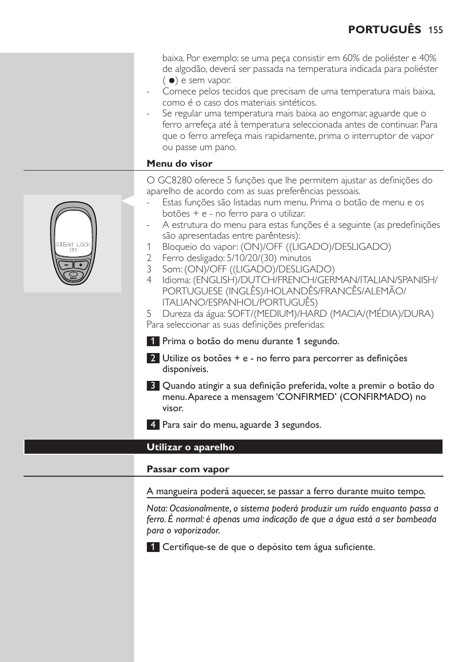 Menu do visor, Utilizar o aparelho, Passar com vapor | Philips Dampfbügelstation User Manual | Page 155 / 194