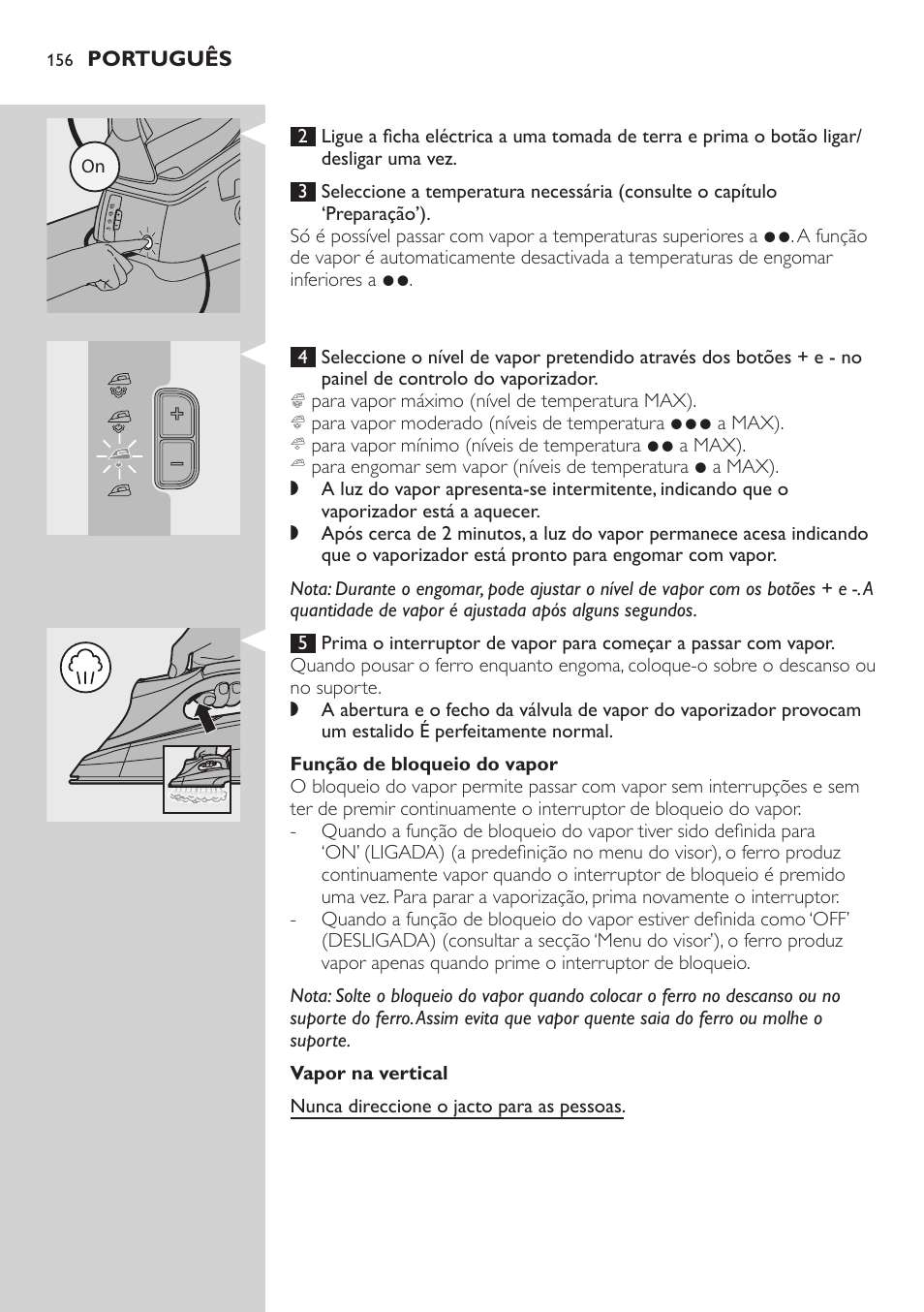 Função de bloqueio do vapor, Vapor na vertical | Philips Dampfbügelstation User Manual | Page 156 / 194