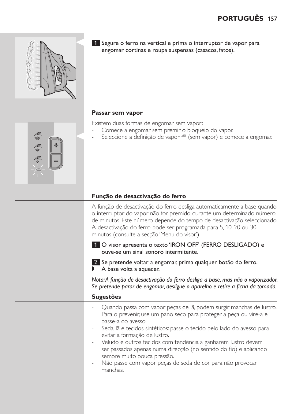 Passar sem vapor, Função de desactivação do ferro, Sugestões | Philips Dampfbügelstation User Manual | Page 157 / 194