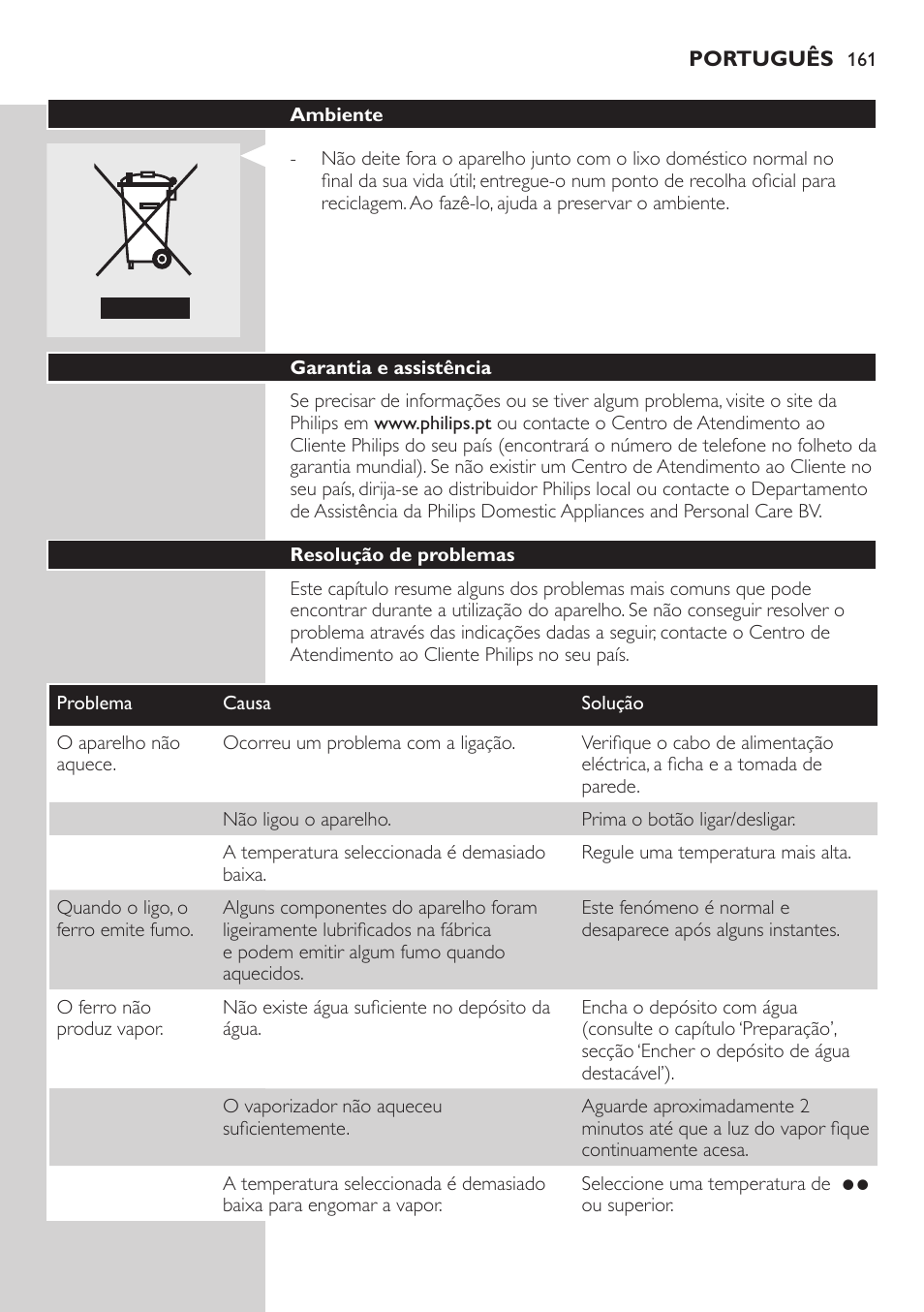 Ambiente, Garantia e assistência, Resolução de problemas | Philips Dampfbügelstation User Manual | Page 161 / 194