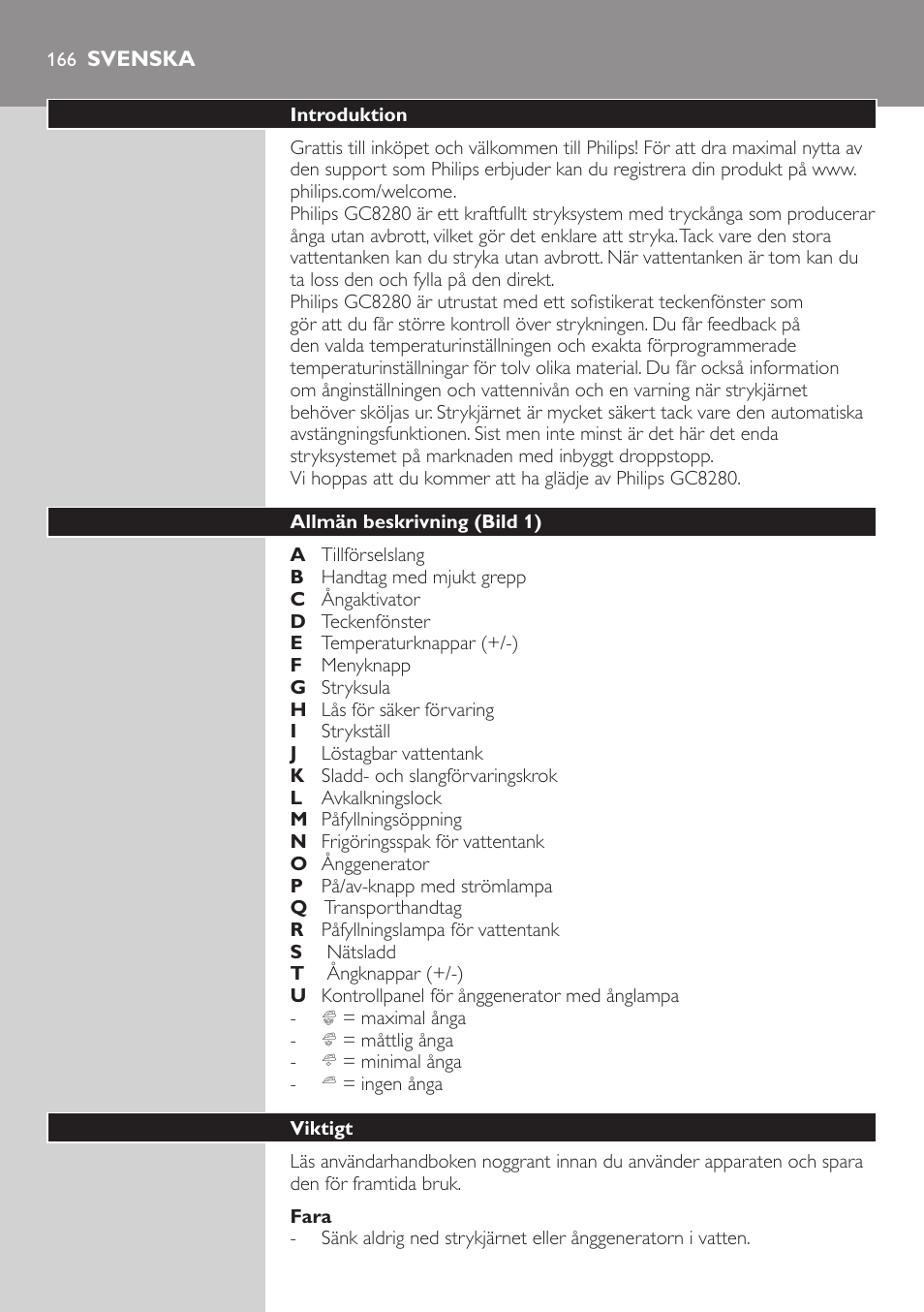 Fara, Svenska, Introduktion | Allmän beskrivning (bild 1), Viktigt | Philips Dampfbügelstation User Manual | Page 166 / 194