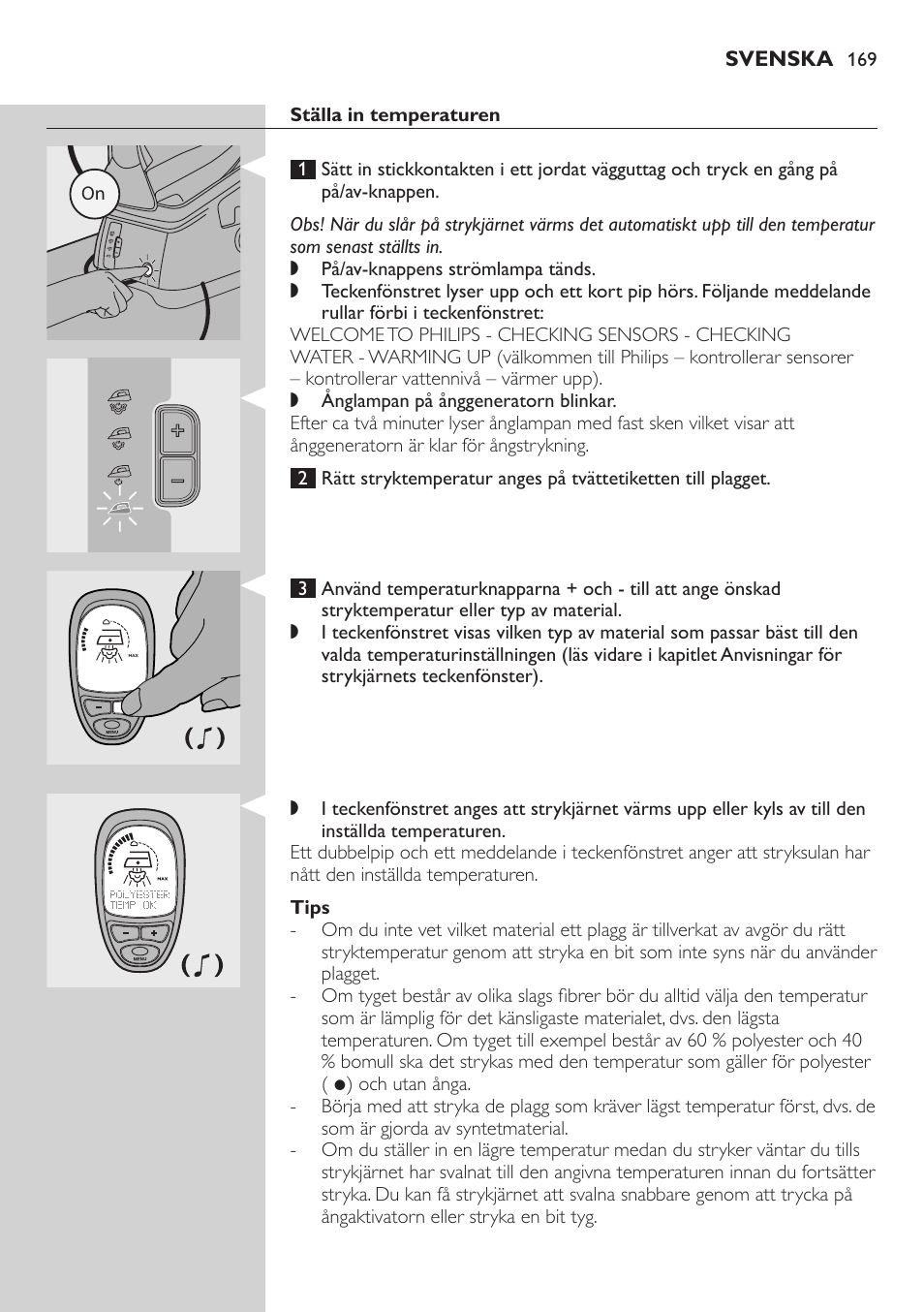 Ställa in temperaturen, Tips | Philips Dampfbügelstation User Manual | Page 169 / 194