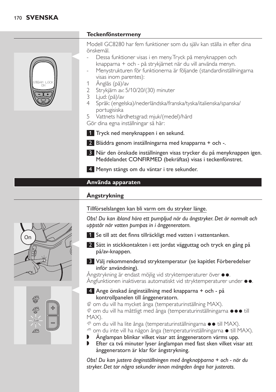 Teckenfönstermeny, Använda apparaten, Ångstrykning | Philips Dampfbügelstation User Manual | Page 170 / 194