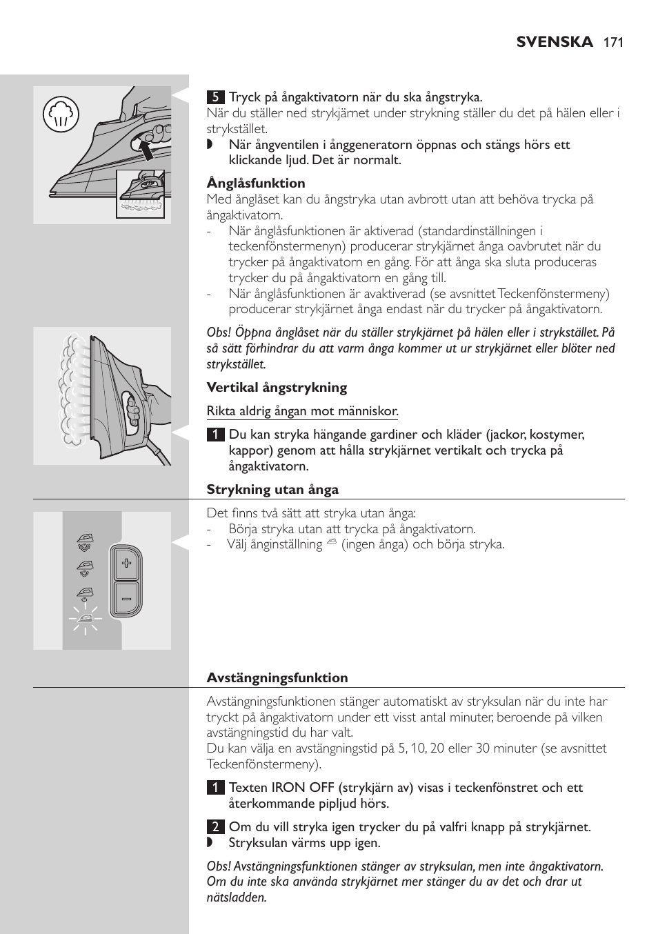 Ånglåsfunktion, Vertikal ångstrykning, Strykning utan ånga | Avstängningsfunktion | Philips Dampfbügelstation User Manual | Page 171 / 194