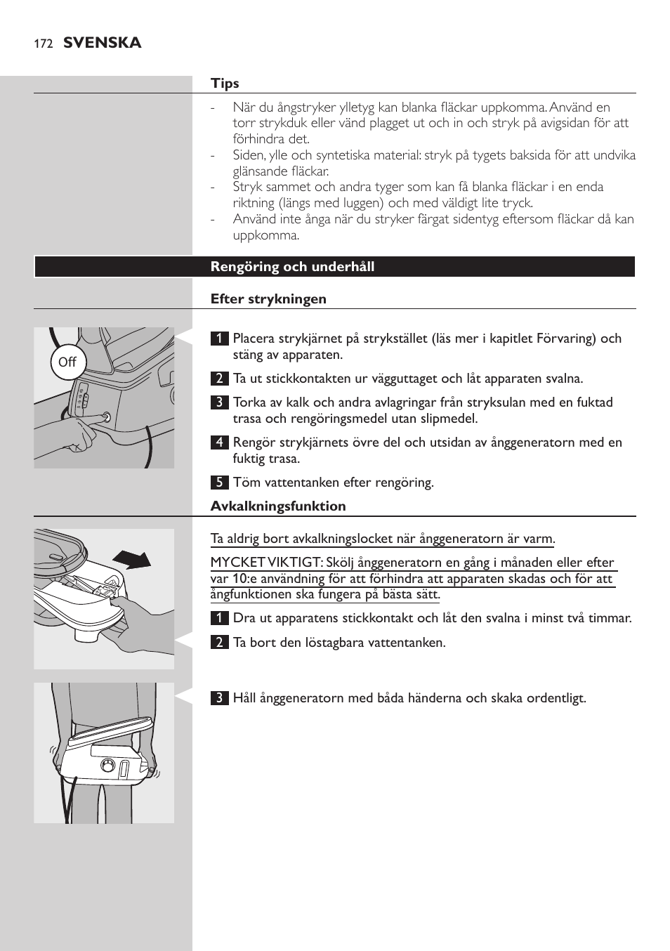 Tips, Rengöring och underhåll, Efter strykningen | Avkalkningsfunktion | Philips Dampfbügelstation User Manual | Page 172 / 194