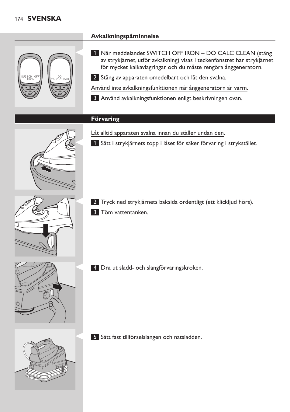 Avkalkningspåminnelse, Förvaring | Philips Dampfbügelstation User Manual | Page 174 / 194