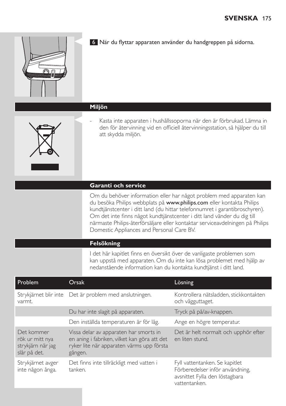 Miljön, Garanti och service, Felsökning | Philips Dampfbügelstation User Manual | Page 175 / 194