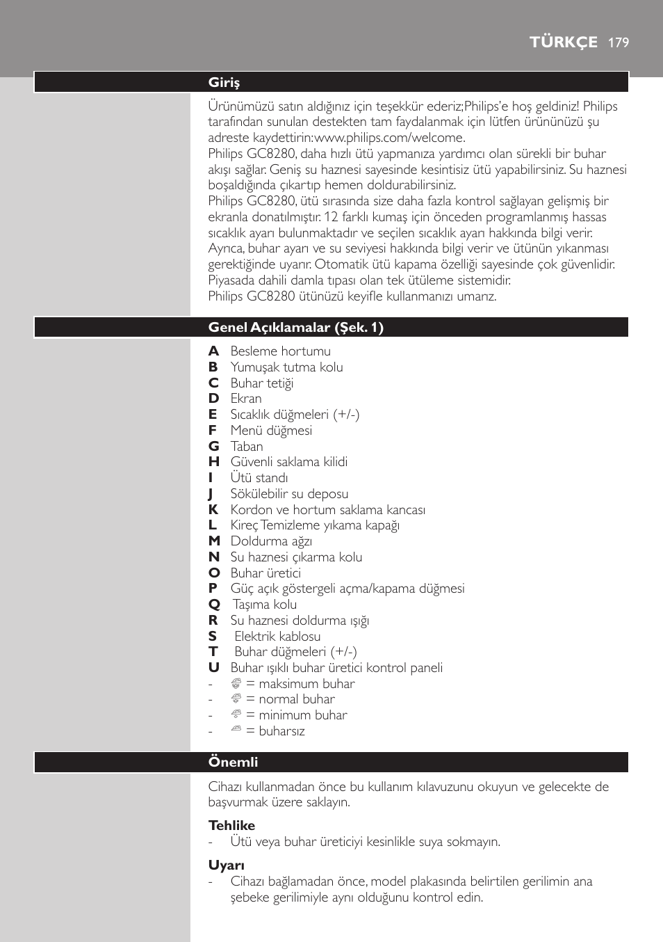 Tehlike, Uyarı, Türkçe | Giriş, Genel açıklamalar (şek. 1), Önemli | Philips Dampfbügelstation User Manual | Page 179 / 194