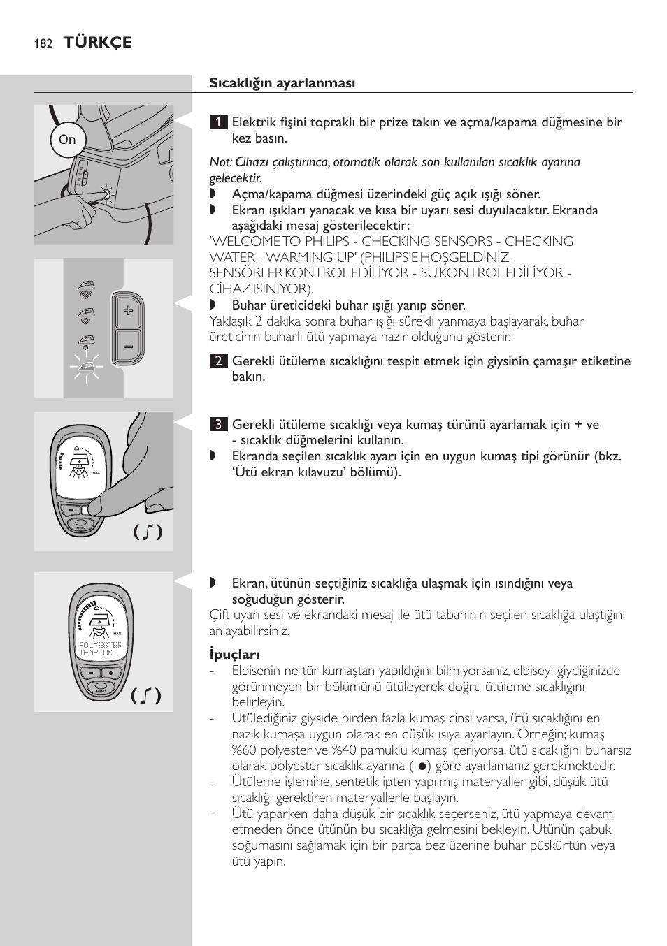 Sıcaklığın ayarlanması, Ipuçları | Philips Dampfbügelstation User Manual | Page 182 / 194