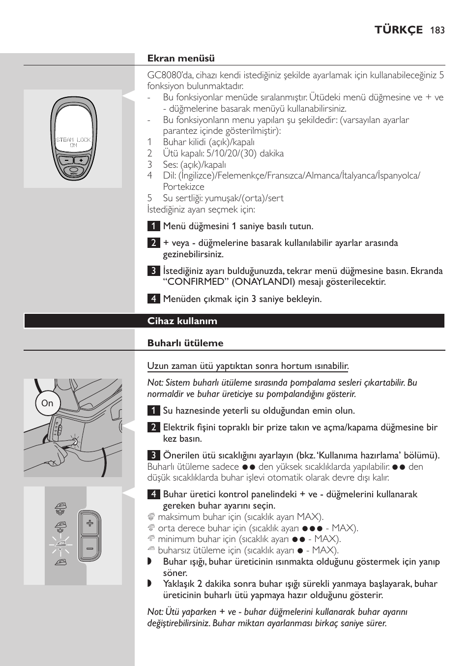 Ekran menüsü, Cihaz kullanım, Buharlı ütüleme | Philips Dampfbügelstation User Manual | Page 183 / 194