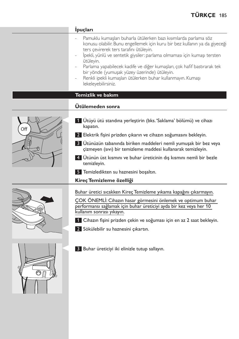 Ipuçları, Temizlik ve bakım, Ütülemeden sonra | Kireç temizleme özelliği | Philips Dampfbügelstation User Manual | Page 185 / 194