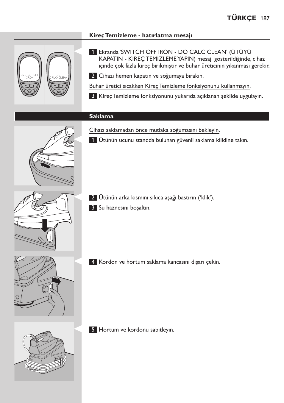 Kireç temizleme - hatırlatma mesajı, Saklama | Philips Dampfbügelstation User Manual | Page 187 / 194