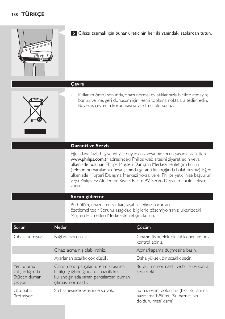 Çevre, Garanti ve servis, Sorun giderme | Philips Dampfbügelstation User Manual | Page 188 / 194