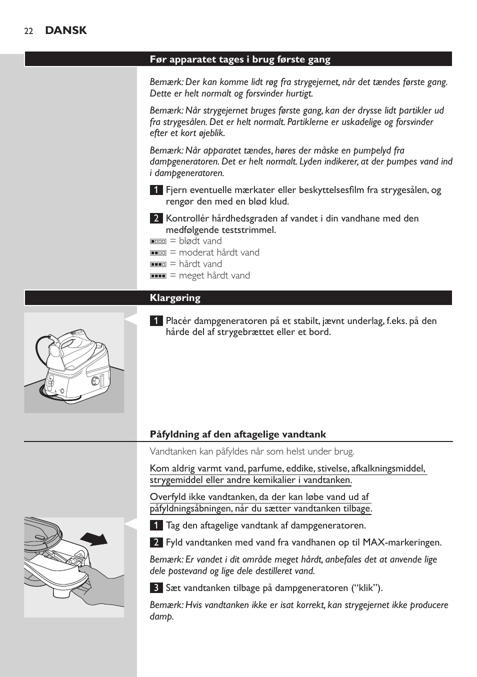 Klargøring, Påfyldning af den aftagelige vandtank, Indikator for påfyldning af vandtank | Philips Dampfbügelstation User Manual | Page 22 / 194