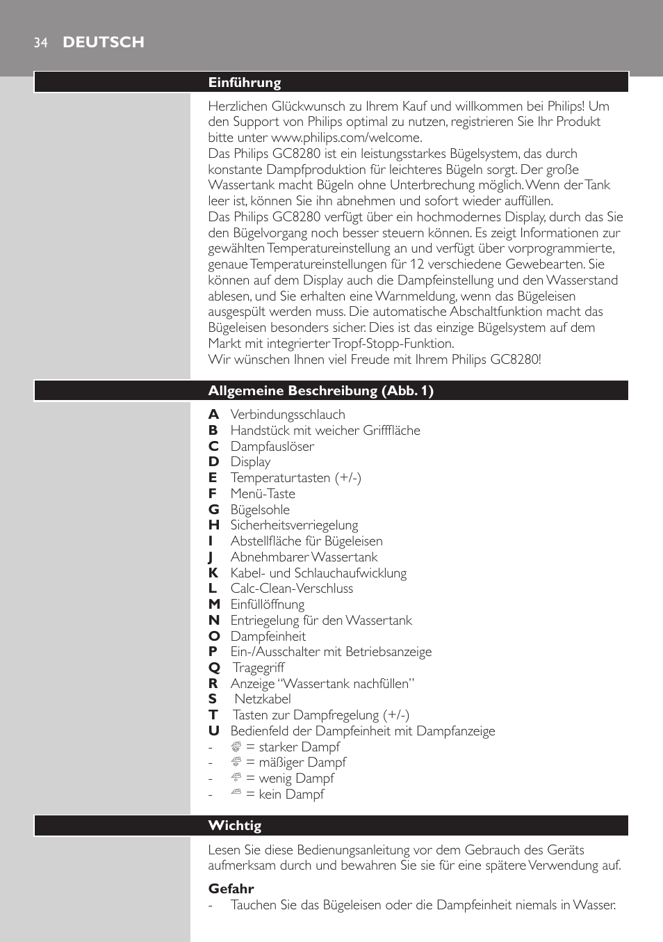 Gefahr, Deutsch, Einführung | Allgemeine beschreibung (abb. 1), Wichtig | Philips Dampfbügelstation User Manual | Page 34 / 194