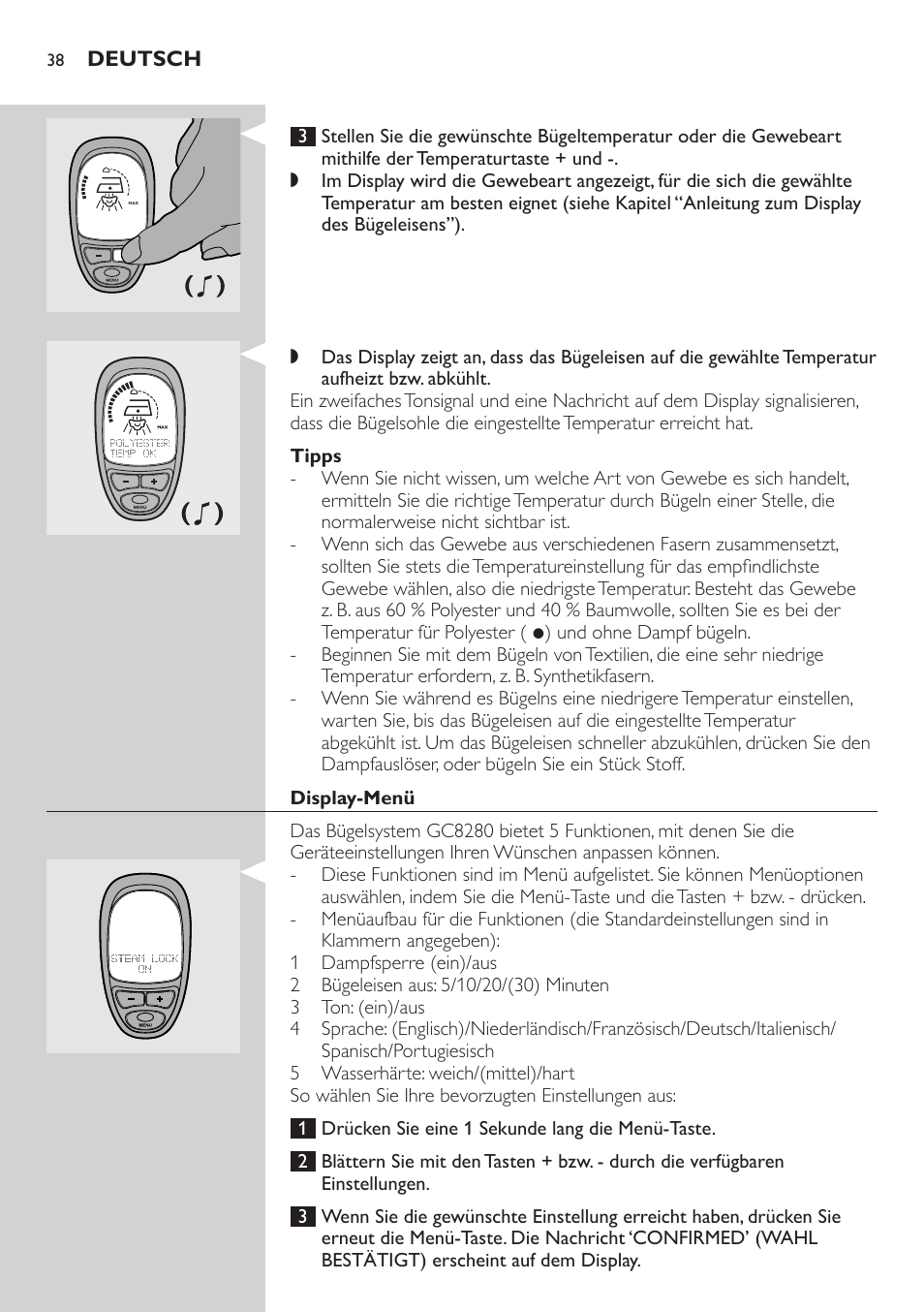 Tipps, Display-menü | Philips Dampfbügelstation User Manual | Page 38 / 194