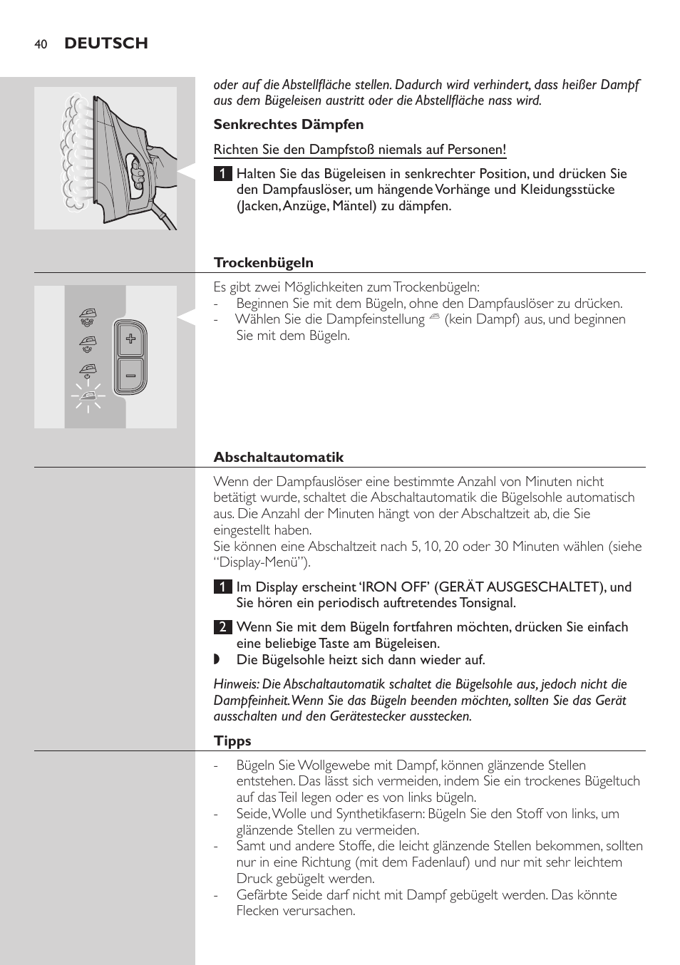 Senkrechtes dämpfen, Trockenbügeln, Abschaltautomatik | Tipps | Philips Dampfbügelstation User Manual | Page 40 / 194