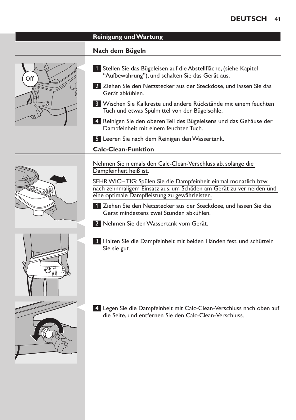 Reinigung und wartung, Nach dem bügeln, Calc-clean-funktion | Philips Dampfbügelstation User Manual | Page 41 / 194
