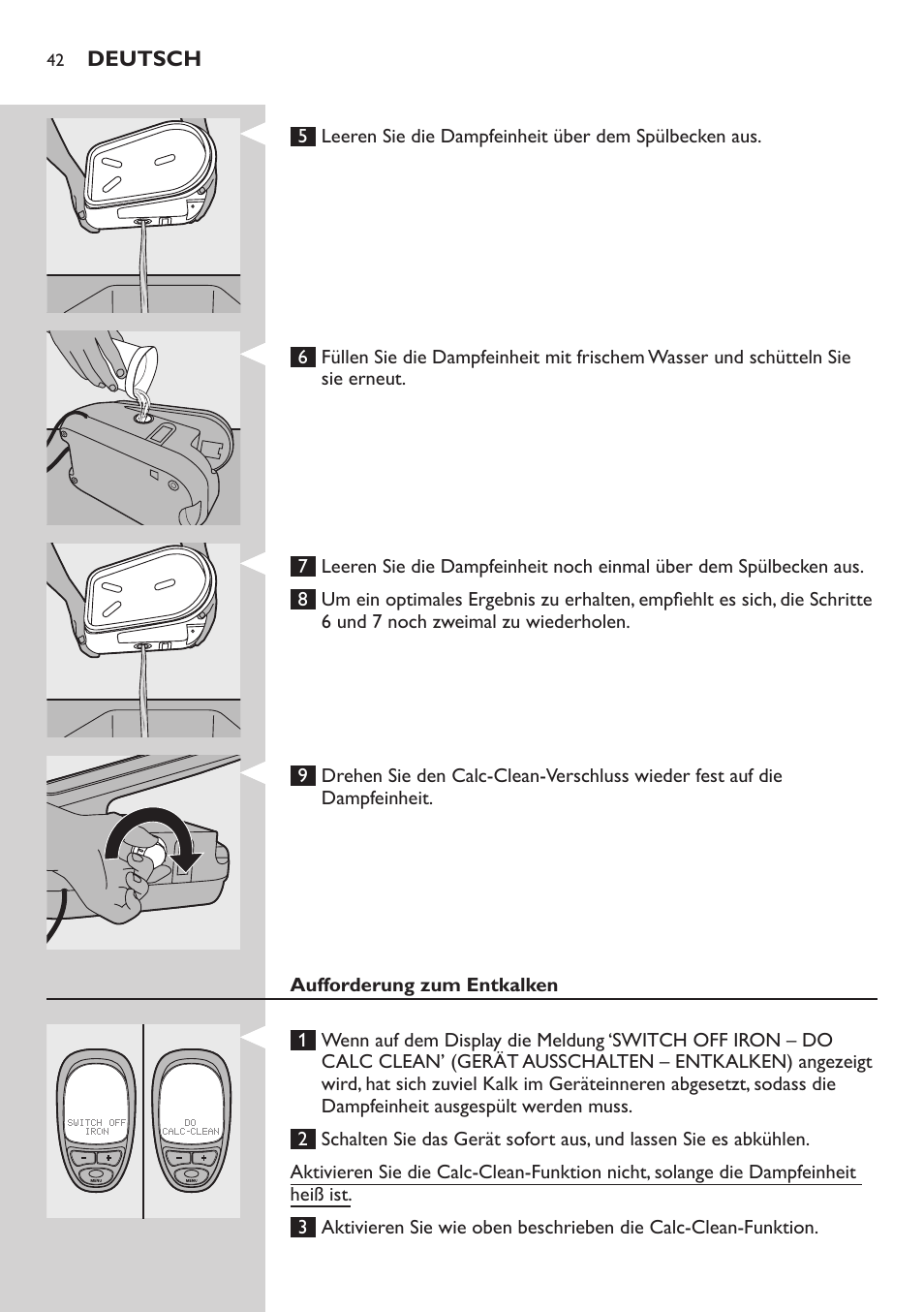 Aufforderung zum entkalken | Philips Dampfbügelstation User Manual | Page 42 / 194