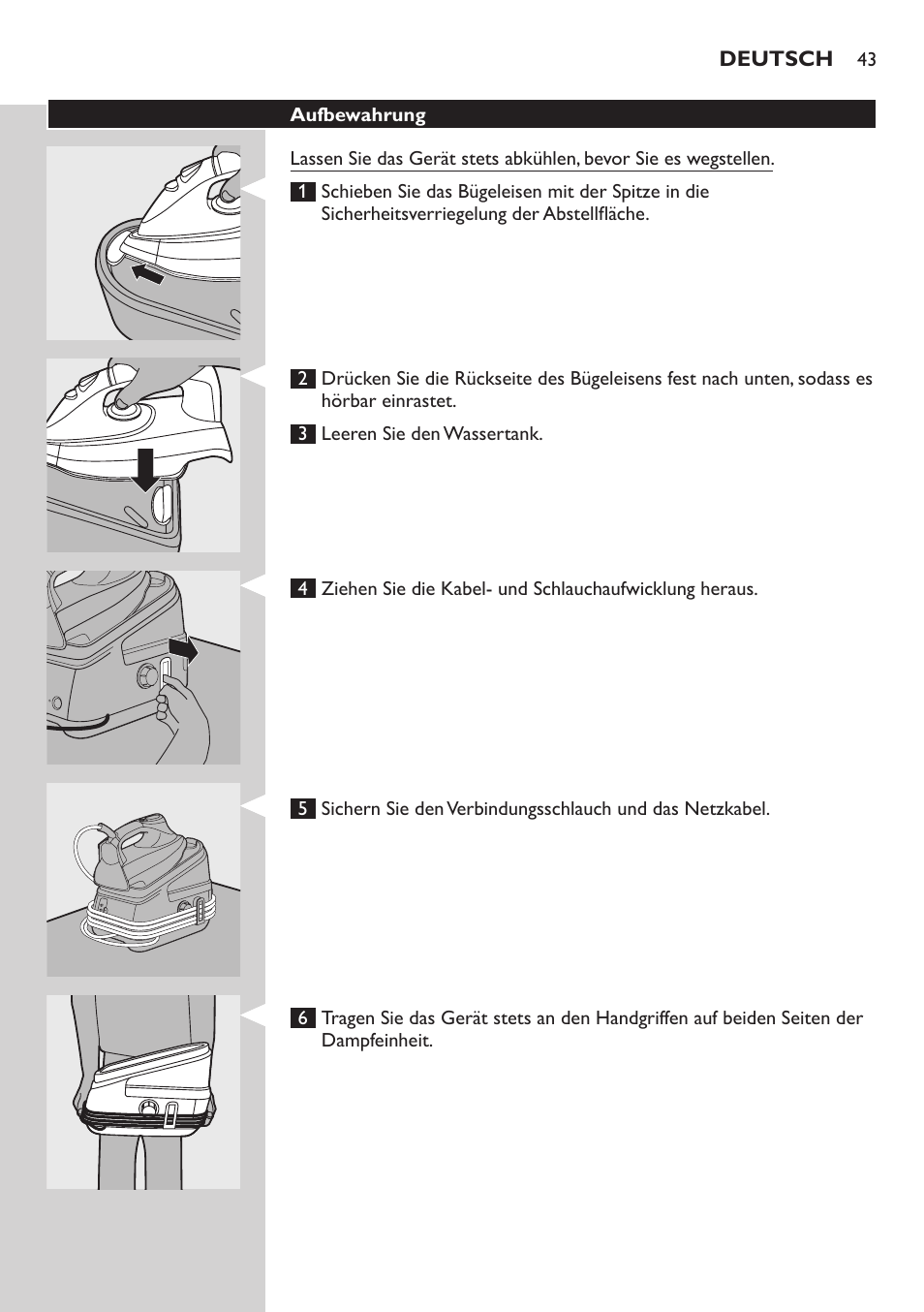 Aufbewahrung | Philips Dampfbügelstation User Manual | Page 43 / 194