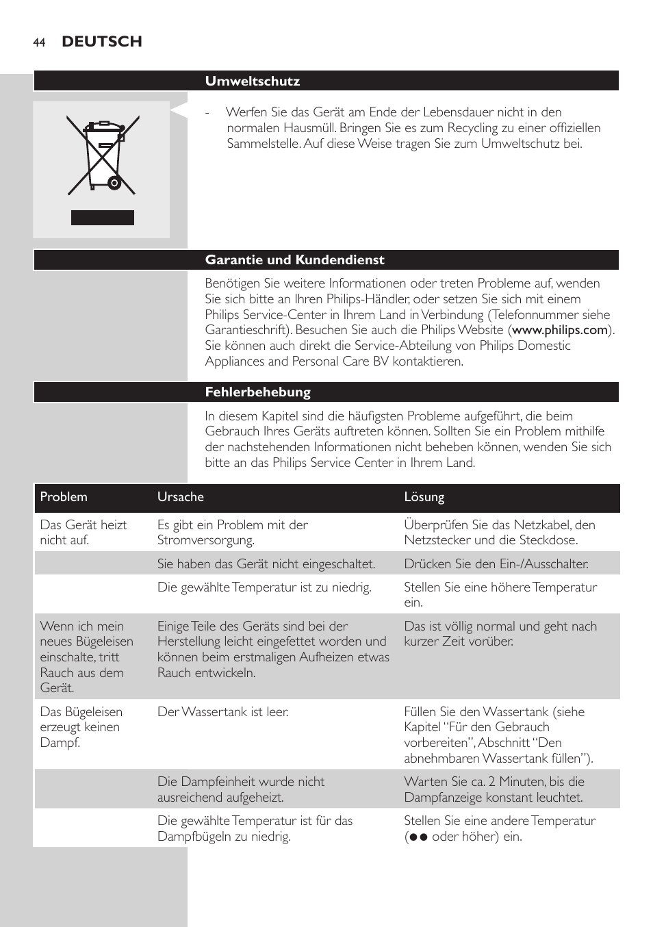 Umweltschutz, Garantie und kundendienst, Fehlerbehebung | Philips Dampfbügelstation User Manual | Page 44 / 194