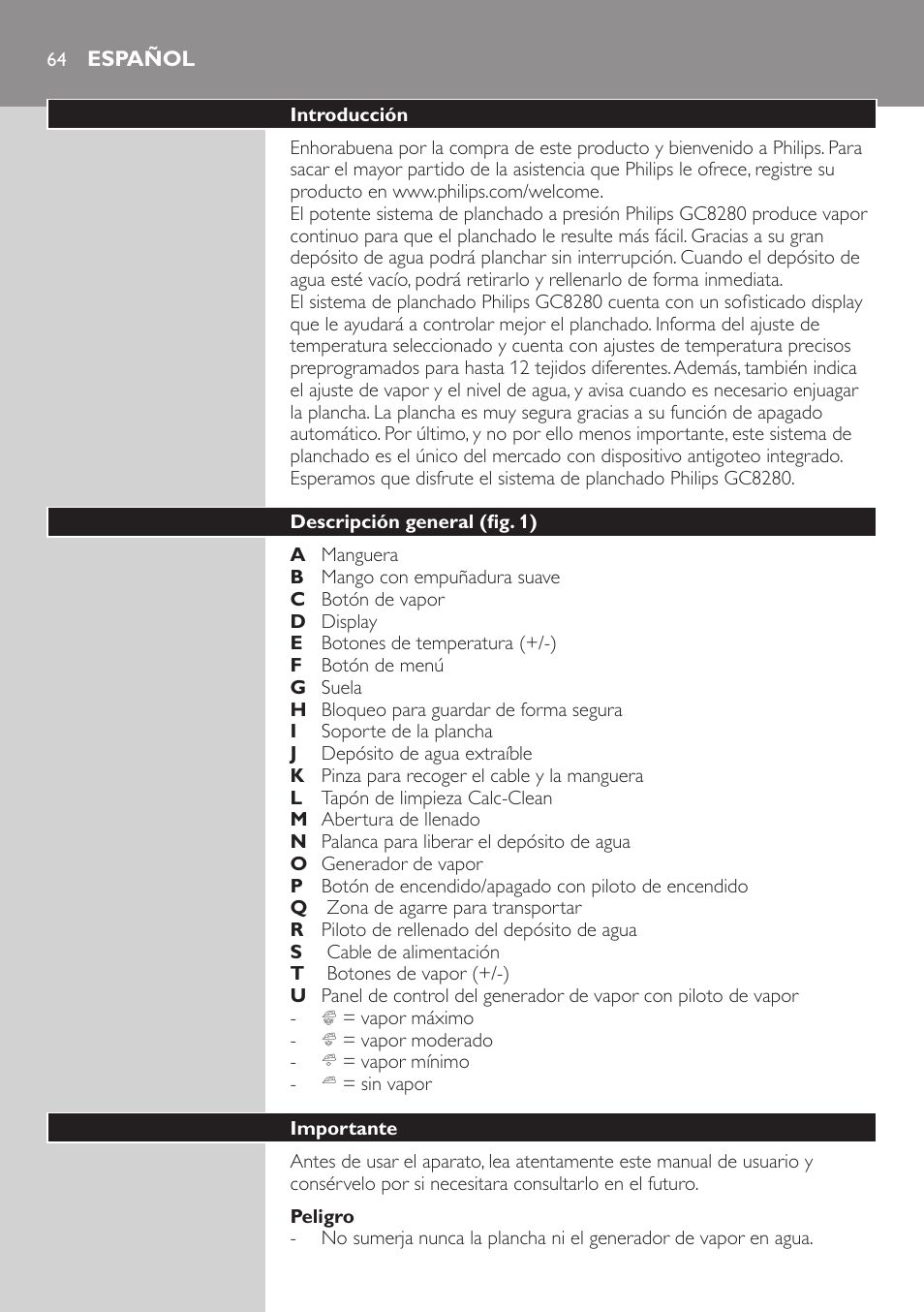 Peligro, Español, Introducción | Descripción general (fig. 1), Importante | Philips Dampfbügelstation User Manual | Page 64 / 194