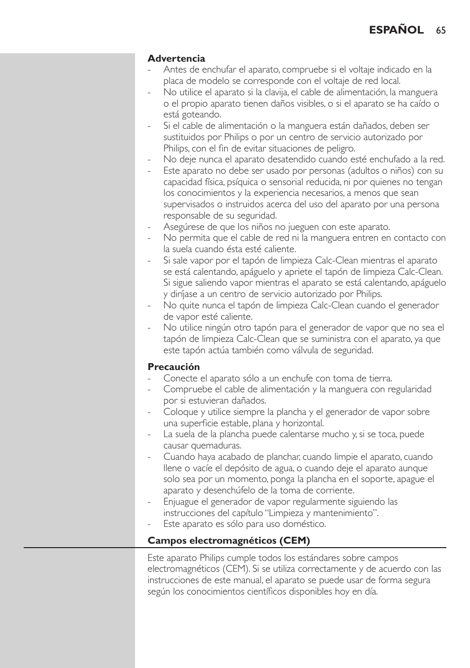 Advertencia, Precaución, Campos electromagnéticos (cem) | Philips Dampfbügelstation User Manual | Page 65 / 194