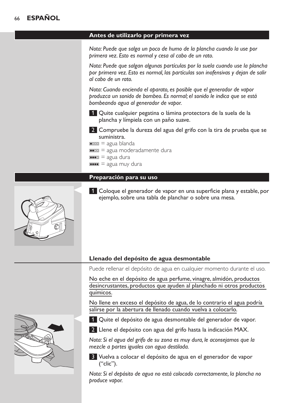 Antes de utilizarlo por primera vez, Preparación para su uso, Llenado del depósito de agua desmontable | Philips Dampfbügelstation User Manual | Page 66 / 194