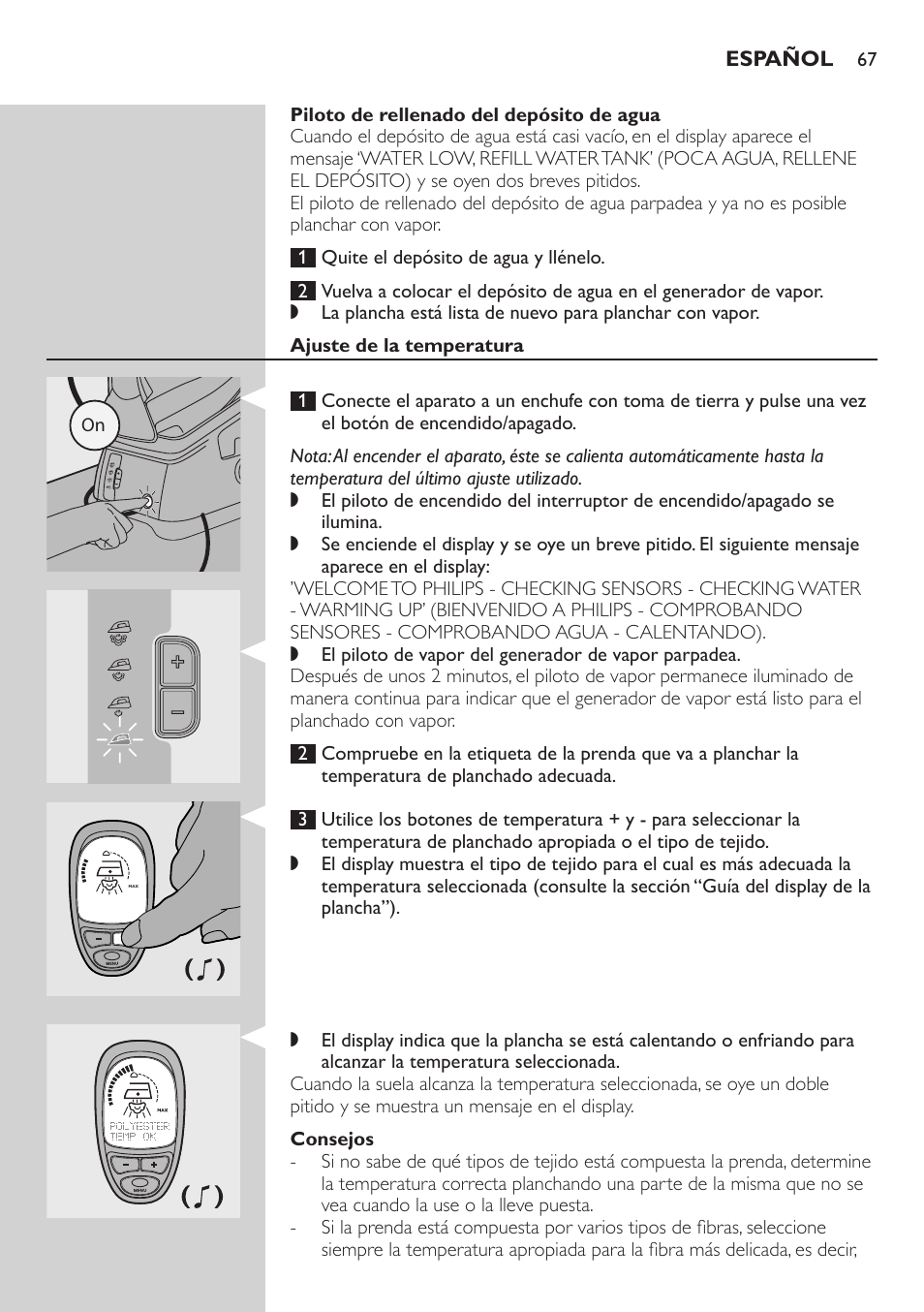 Piloto de rellenado del depósito de agua, Ajuste de la temperatura, Consejos | Philips Dampfbügelstation User Manual | Page 67 / 194