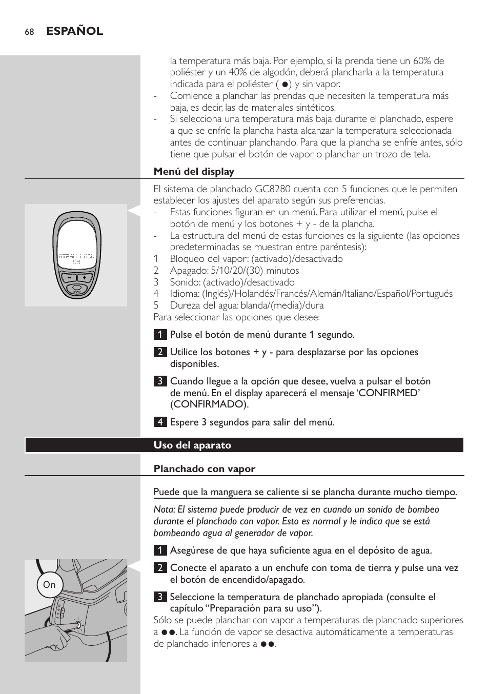 Menú del display, Uso del aparato, Planchado con vapor | Philips Dampfbügelstation User Manual | Page 68 / 194