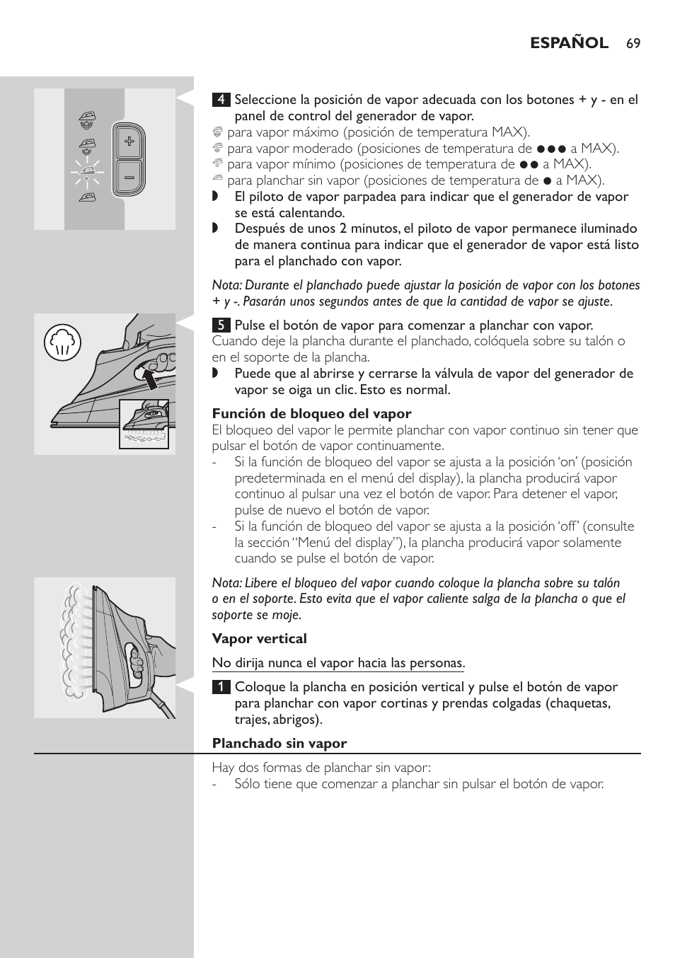 Función de bloqueo del vapor, Vapor vertical, Planchado sin vapor | Philips Dampfbügelstation User Manual | Page 69 / 194