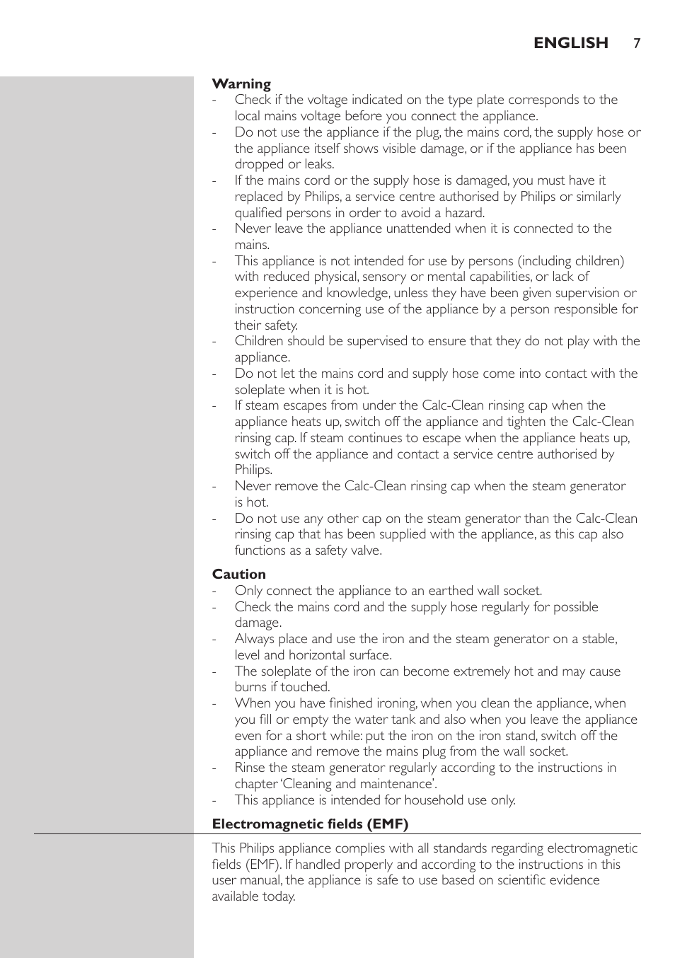 Warning, Caution, Electromagnetic fields (emf) | Philips Dampfbügelstation User Manual | Page 7 / 194
