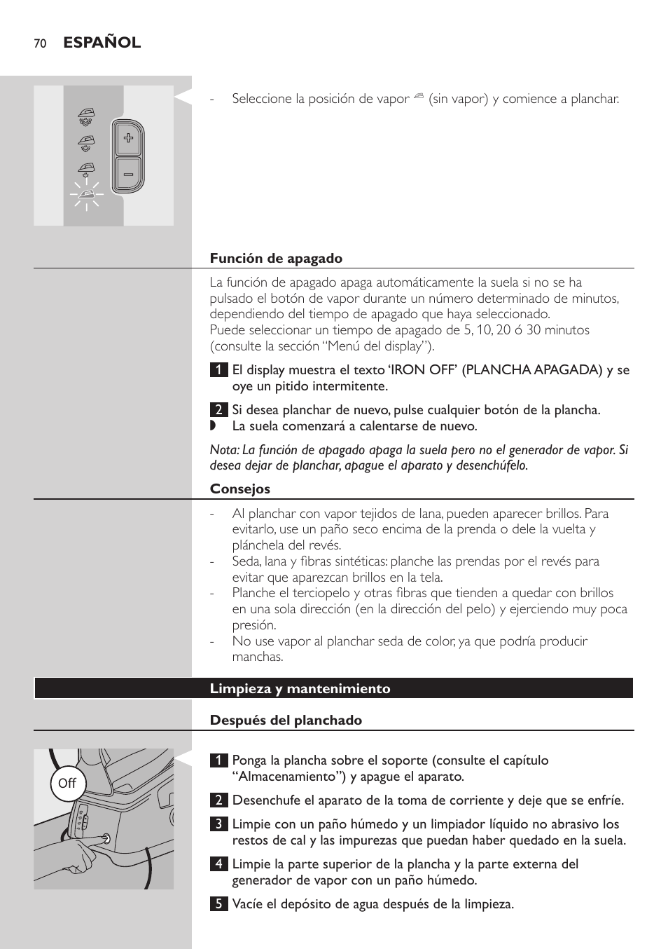 Función de apagado, Consejos, Limpieza y mantenimiento | Después del planchado | Philips Dampfbügelstation User Manual | Page 70 / 194