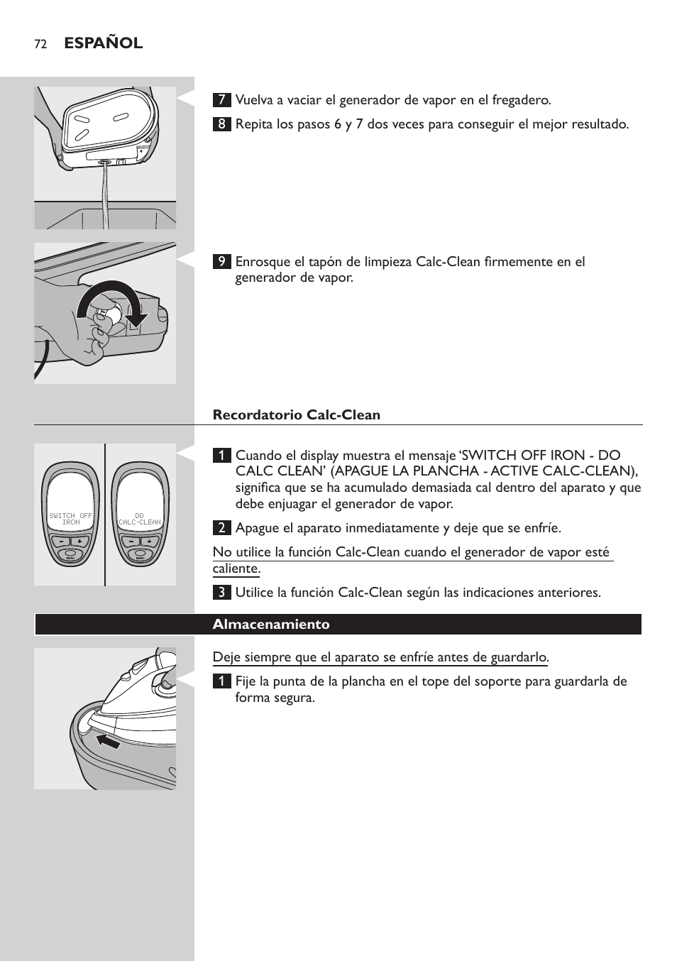 Recordatorio calc-clean, Almacenamiento | Philips Dampfbügelstation User Manual | Page 72 / 194