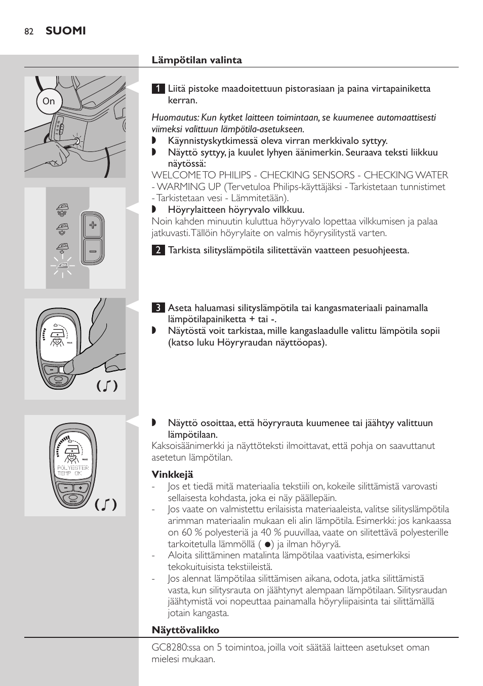 Lämpötilan valinta, Vinkkejä, Näyttövalikko | Philips Dampfbügelstation User Manual | Page 82 / 194