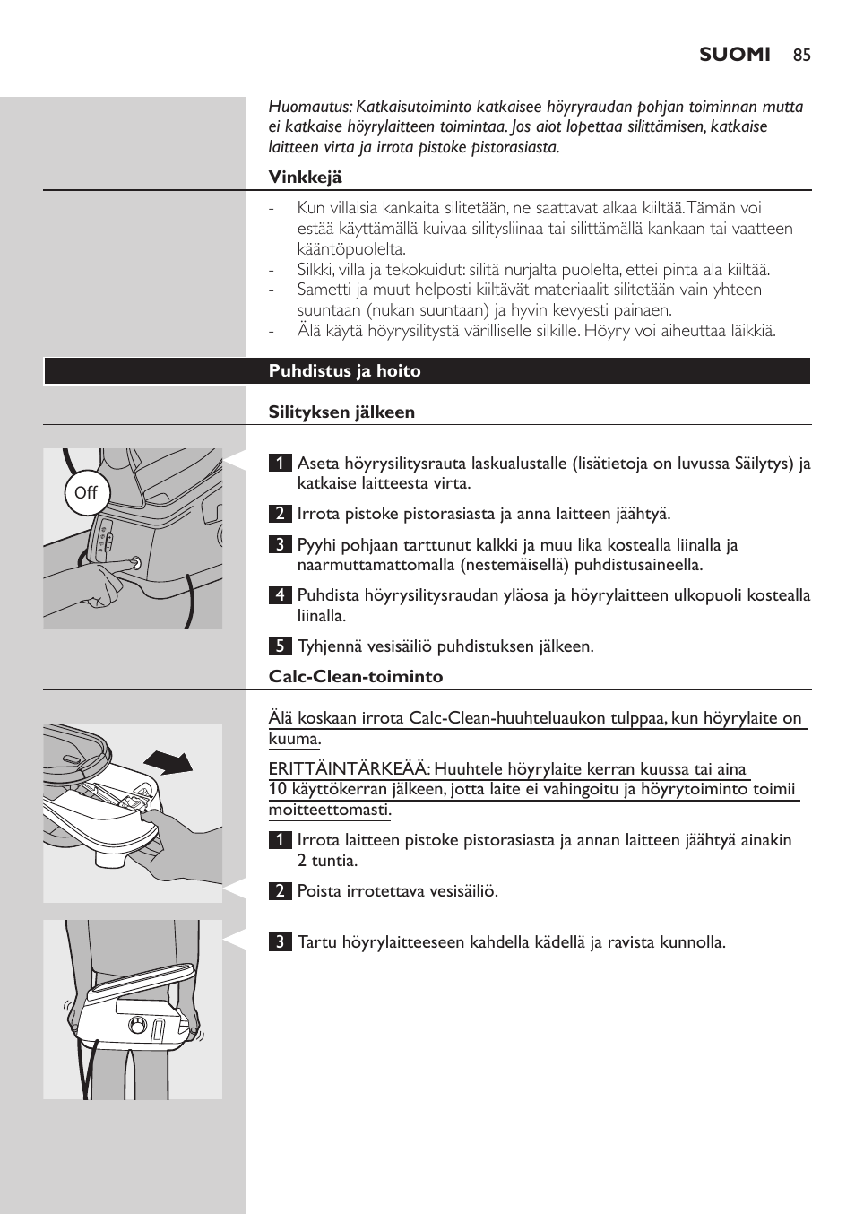 Vinkkejä, Puhdistus ja hoito, Silityksen jälkeen | Calc-clean-toiminto | Philips Dampfbügelstation User Manual | Page 85 / 194