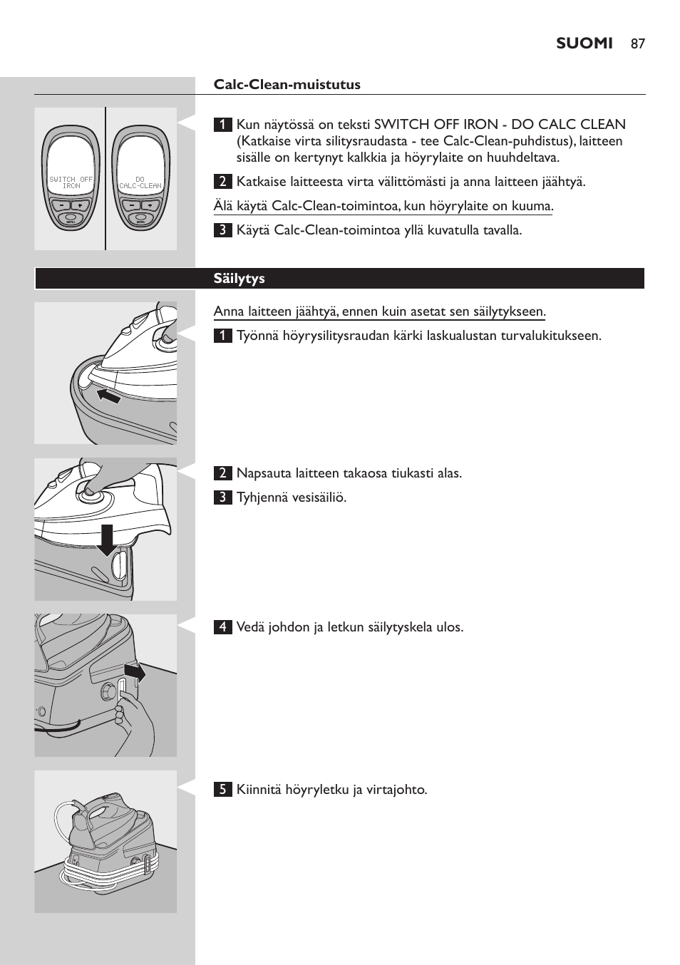 Calc-clean-muistutus, Säilytys | Philips Dampfbügelstation User Manual | Page 87 / 194