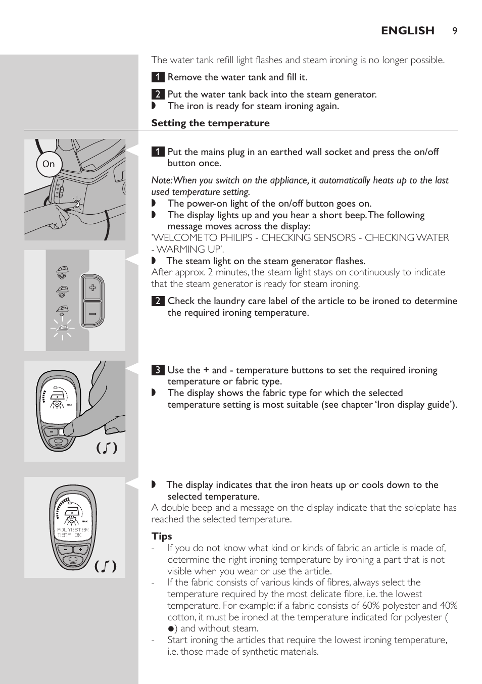 Setting the temperature, Tips | Philips Dampfbügelstation User Manual | Page 9 / 194