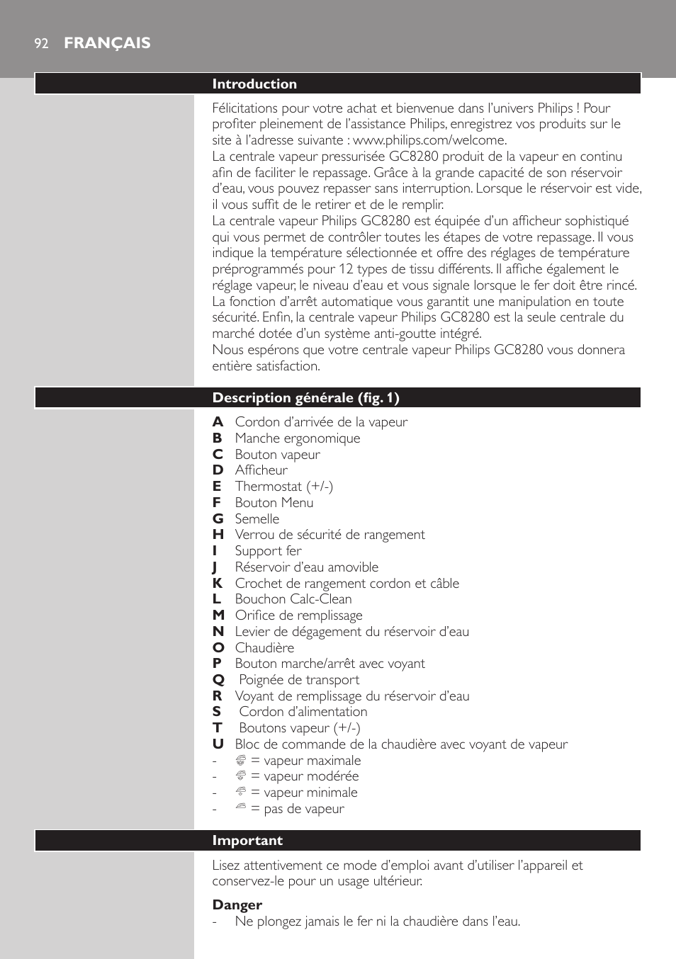 Danger, Français, Introduction | Description générale (fig. 1), Important | Philips Dampfbügelstation User Manual | Page 92 / 194