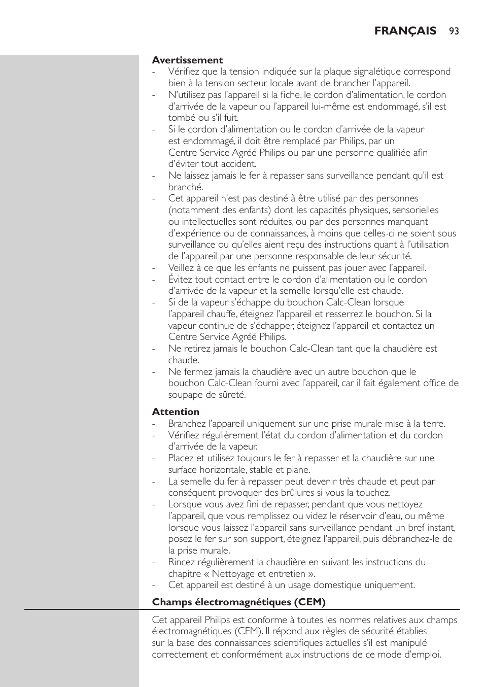 Avertissement, Attention, Champs électromagnétiques (cem) | Philips Dampfbügelstation User Manual | Page 93 / 194