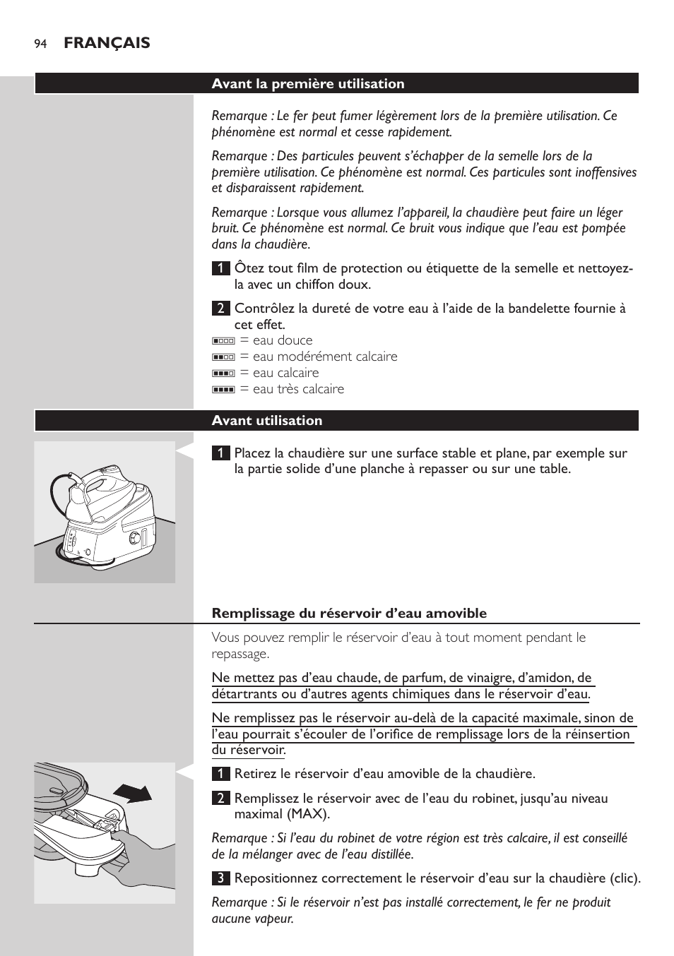 Avant la première utilisation, Avant utilisation, Remplissage du réservoir d’eau amovible | Philips Dampfbügelstation User Manual | Page 94 / 194