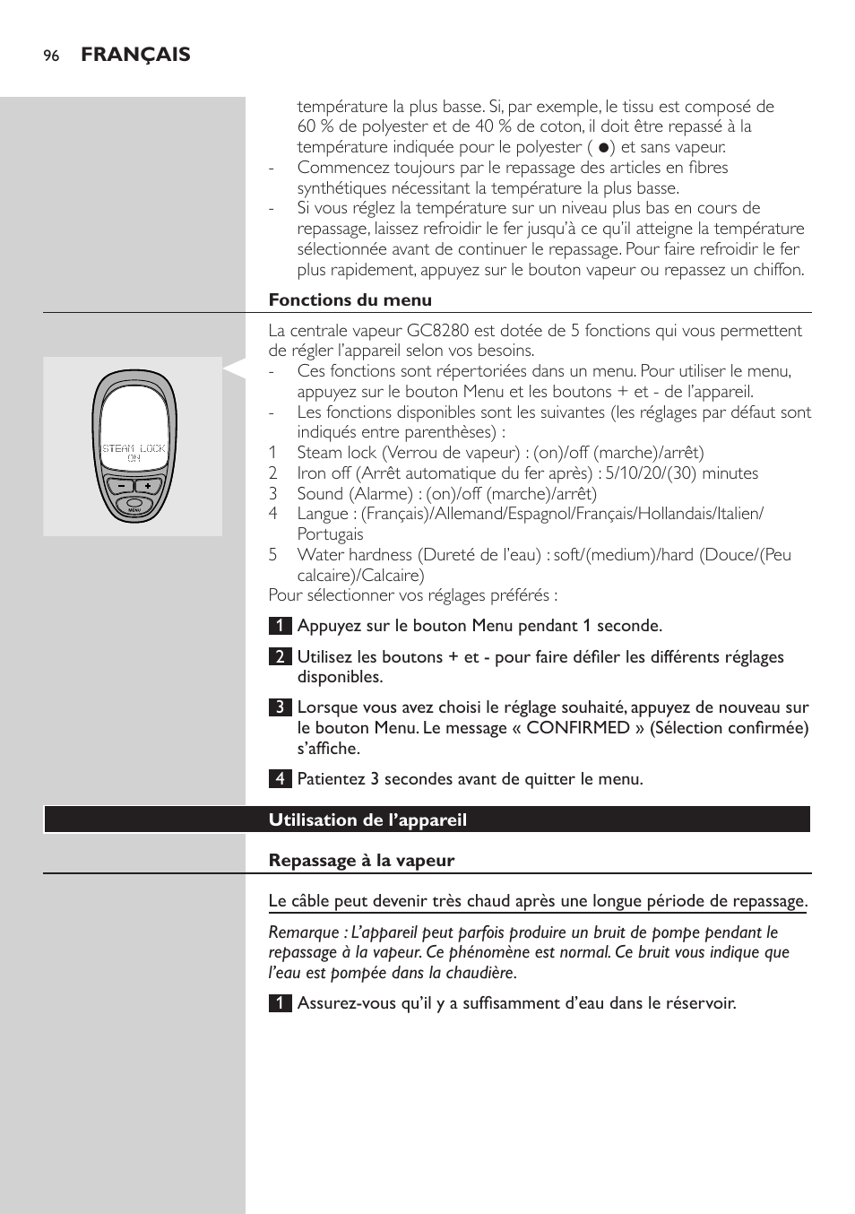 Fonctions du menu, Utilisation de l’appareil, Repassage à la vapeur | Philips Dampfbügelstation User Manual | Page 96 / 194