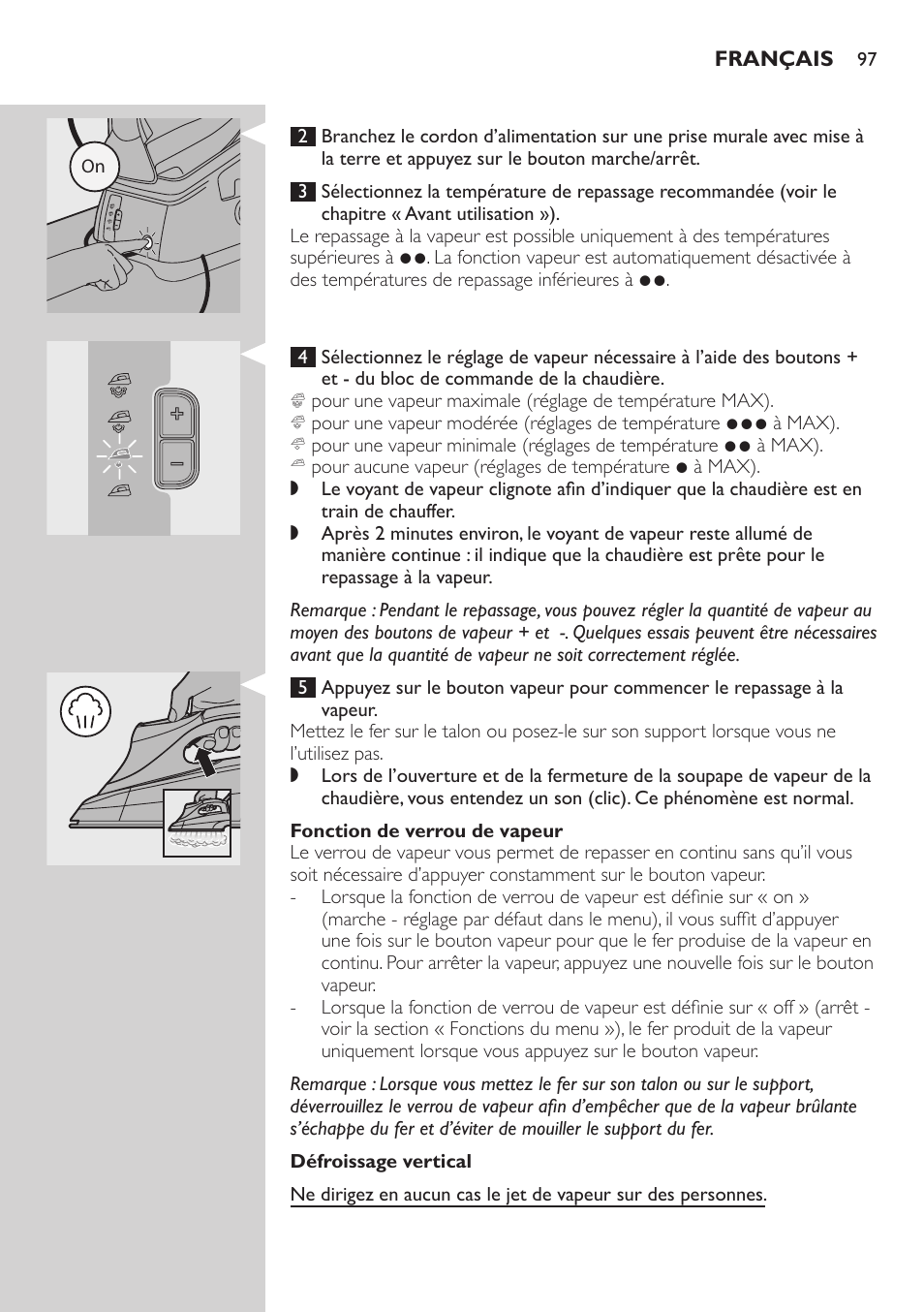 Fonction de verrou de vapeur, Défroissage vertical | Philips Dampfbügelstation User Manual | Page 97 / 194