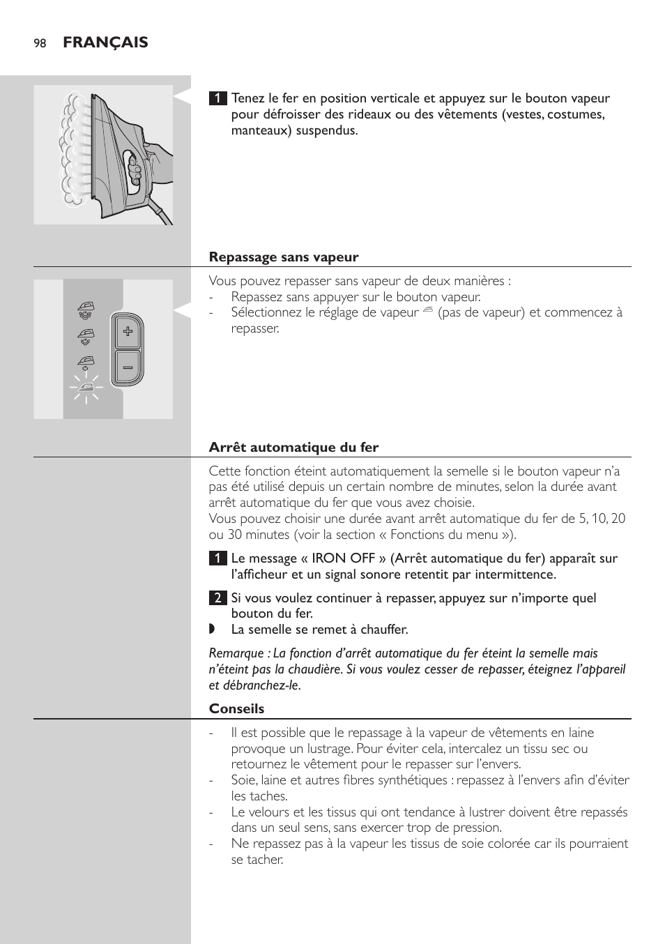 Repassage sans vapeur, Arrêt automatique du fer, Conseils | Philips Dampfbügelstation User Manual | Page 98 / 194