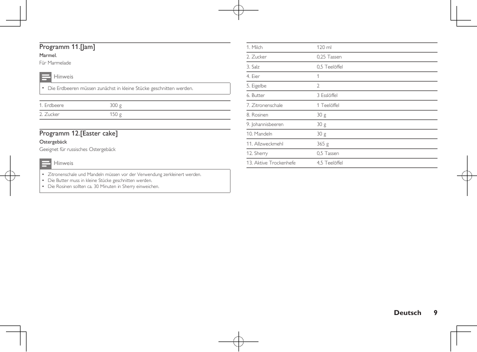 Deutsch 9 programm 11.[jam, Programm 12.[easter cake | Philips Daily Collection Brotbackautomat User Manual | Page 11 / 28