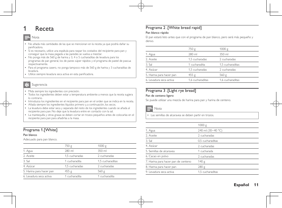 1 receta, Español 11, Programa 1.[white | Programa 2 .[white bread rapid, Programa 3 .[light rye bread | Philips Daily Collection Brotbackautomat User Manual | Page 13 / 28