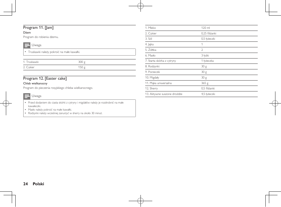 24 polski program 11. [jam, Program 12. [easter cake | Philips Daily Collection Brotbackautomat User Manual | Page 26 / 28