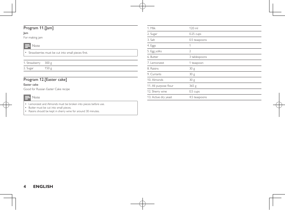 4english program 11.[jam, Program 12.[easter cake | Philips Daily Collection Brotbackautomat User Manual | Page 6 / 28