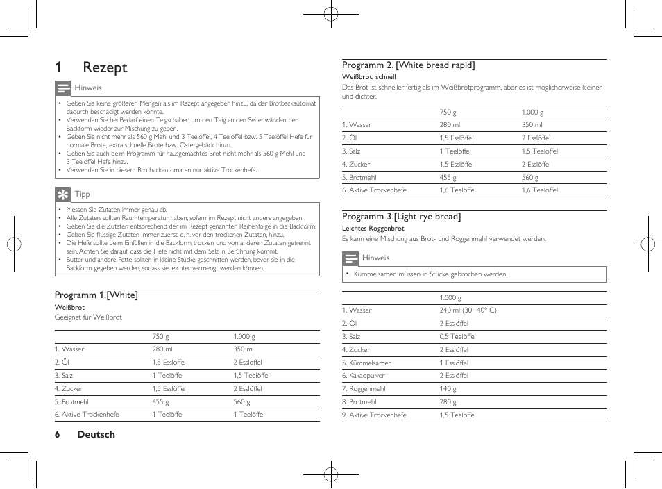 1 rezept, 6deutsch, Programm 1.[white | Programm 2. [white bread rapid, Programm 3.[light rye bread | Philips Daily Collection Brotbackautomat User Manual | Page 8 / 28